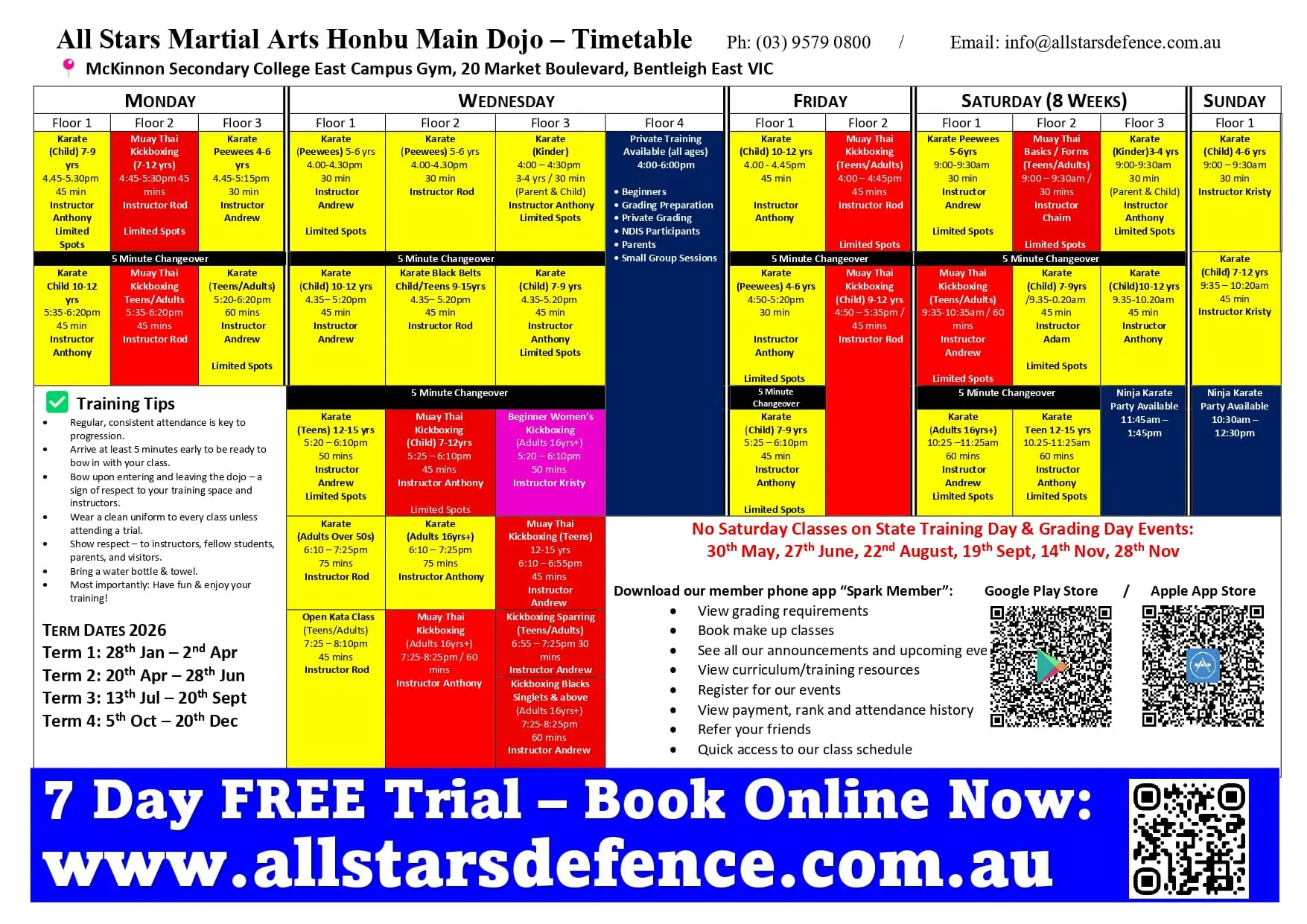 Bentleigh Class Timetable