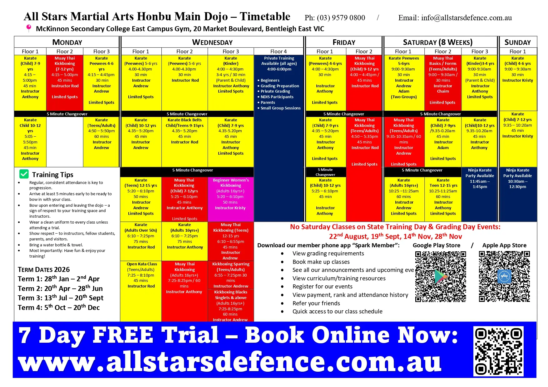 Bentleigh Class Timetable